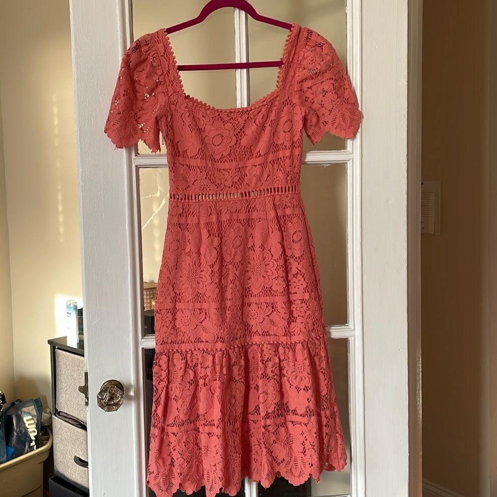 Anthropologie Saylor Louisa pink flower lace midi mermaid peplum skirt dress